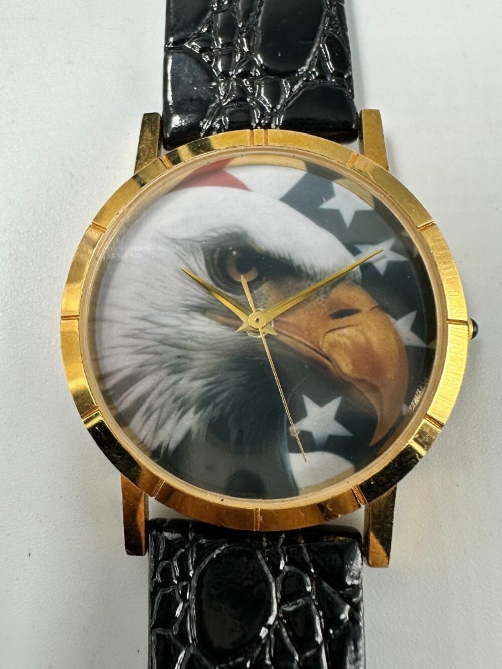 Bald Eagle Watch Men Gold Tone American Flag Black Leather Band New Battery 9.5"
